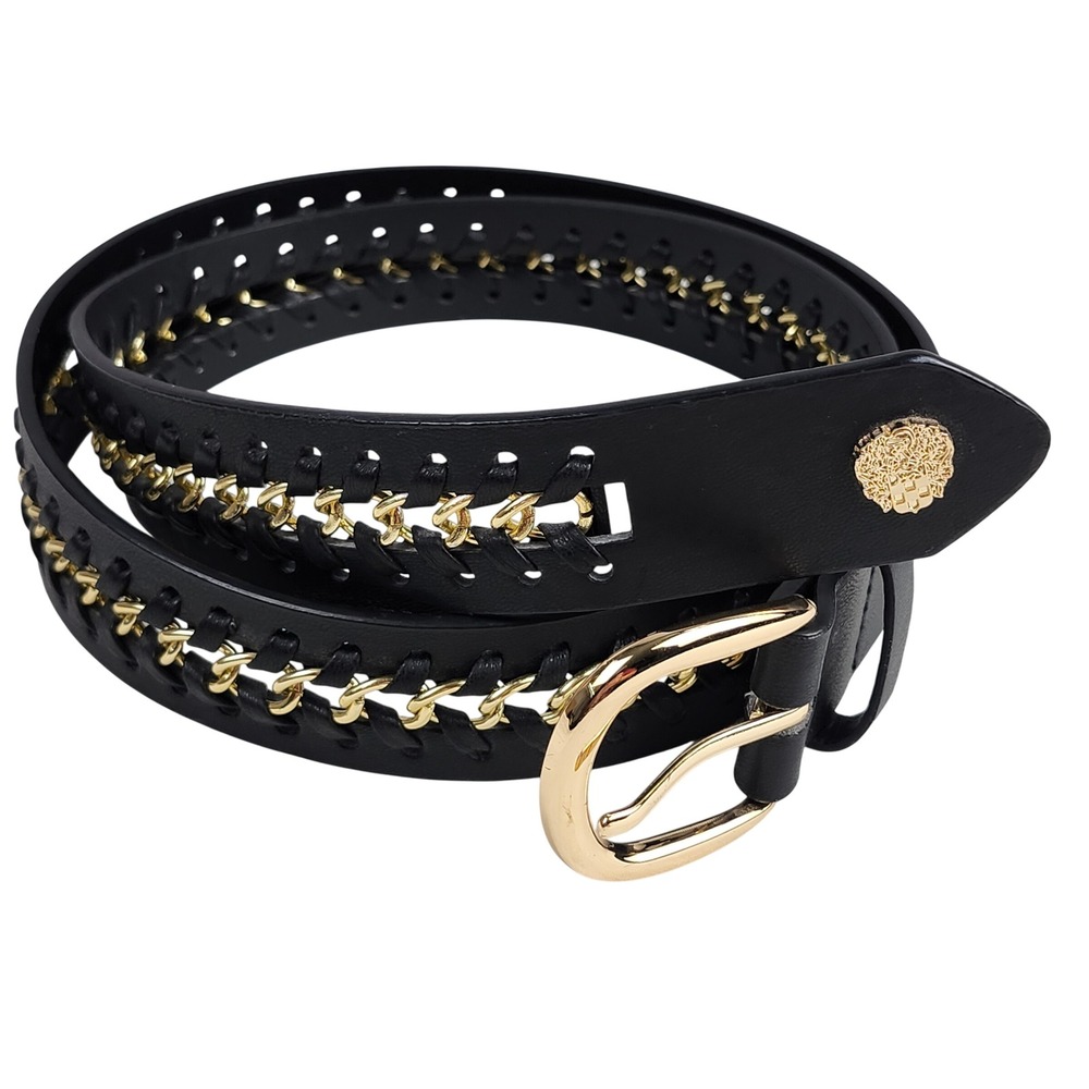 Vince Camuto Belt Womens Large Black Gold Chain Link Woven Leather Medallion‎